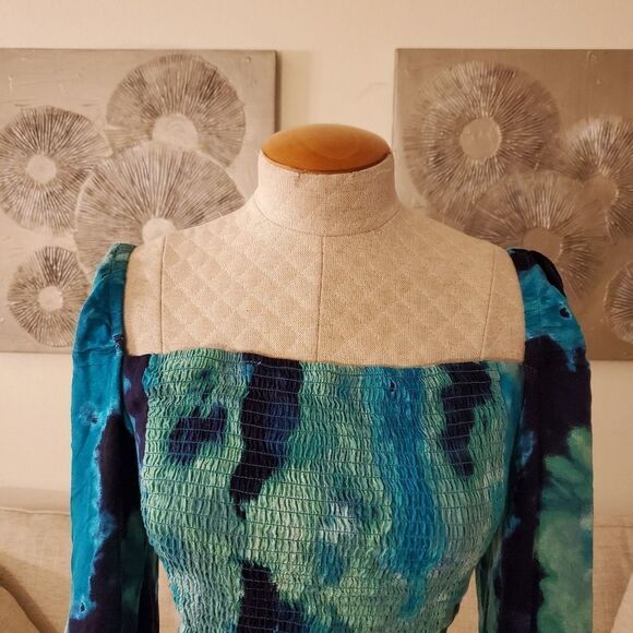 AFRM Bardot Tie Dye Smocked Square Neck Top size Medium in Teal - Picture 6 of 13